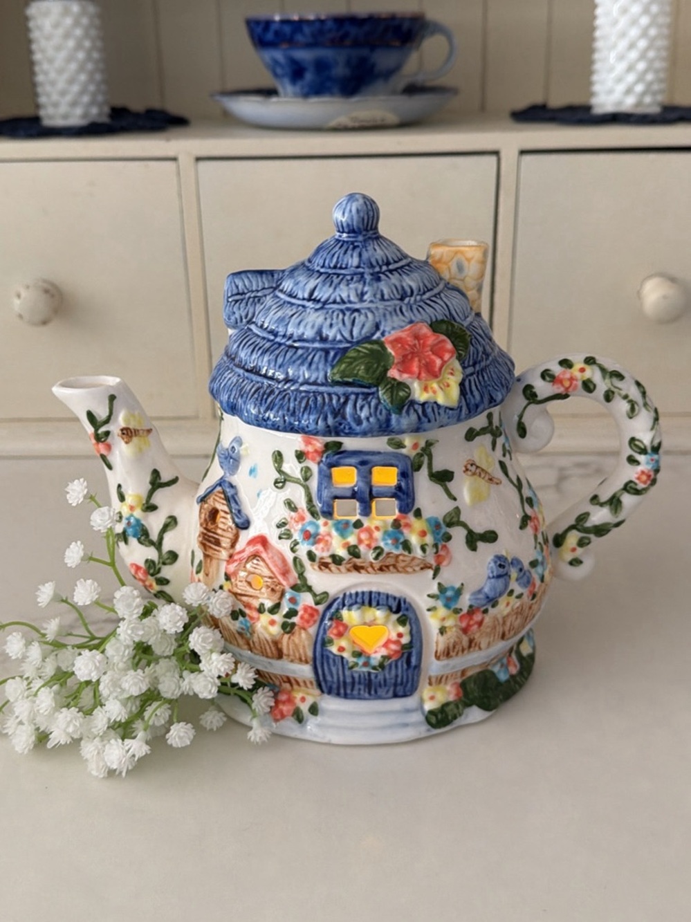 Blue Floral Cottage Teapot Ceramic Wax Warmer - Decorative Home Art